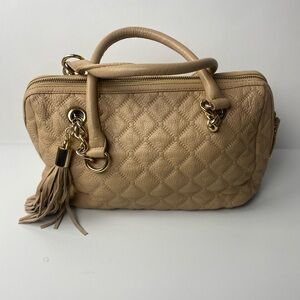 Calvin Klein Quilted Beige Satchel Handbag w/ Tassel & Gold Hardware